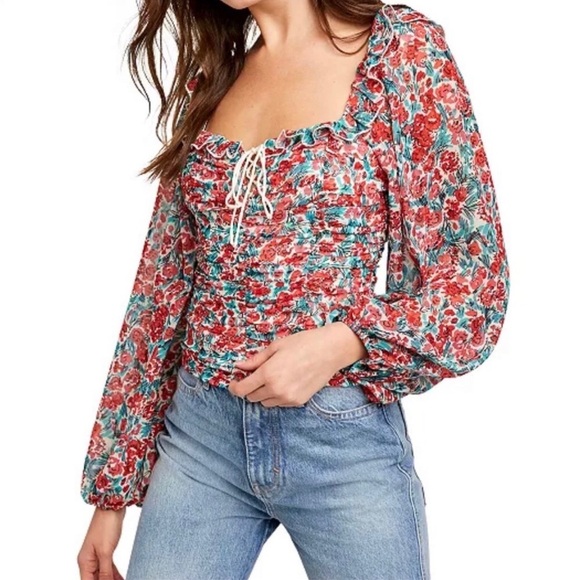 Free People Womens Mable Blouse Rose Combo Balloon Sleeve Crop Size M Milkmaid - Picture 1 of 16